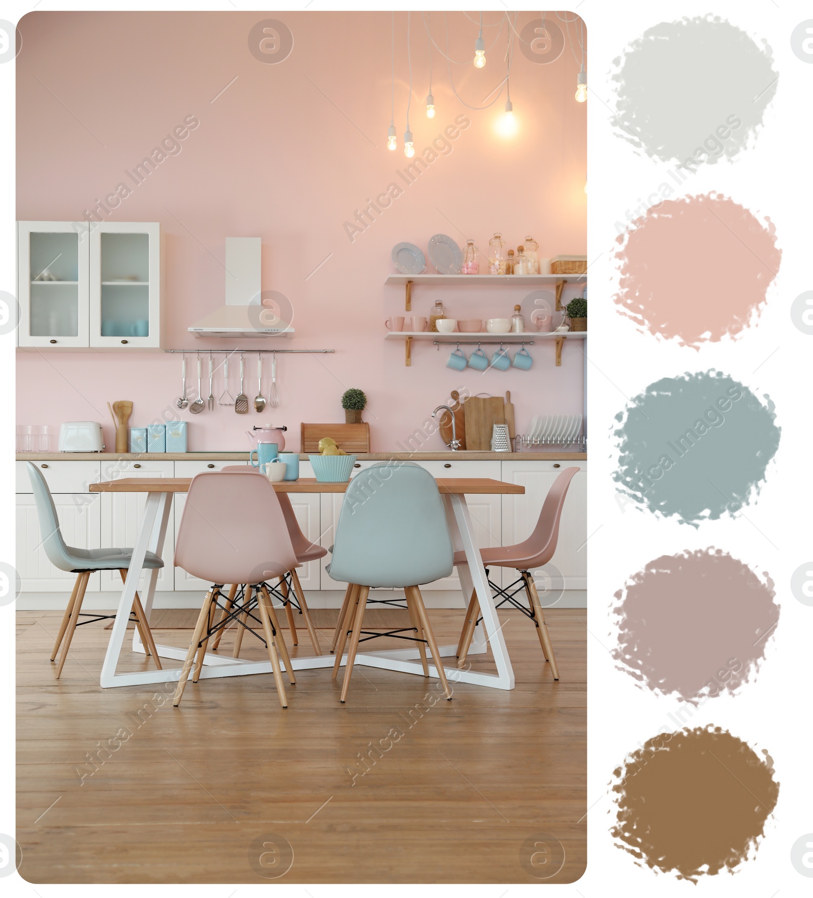 Image of Spacious dining room with furniture. Color palette matching to this interior design