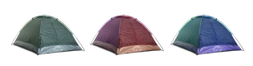 Set with different colorful camping tents on white background. Banner design