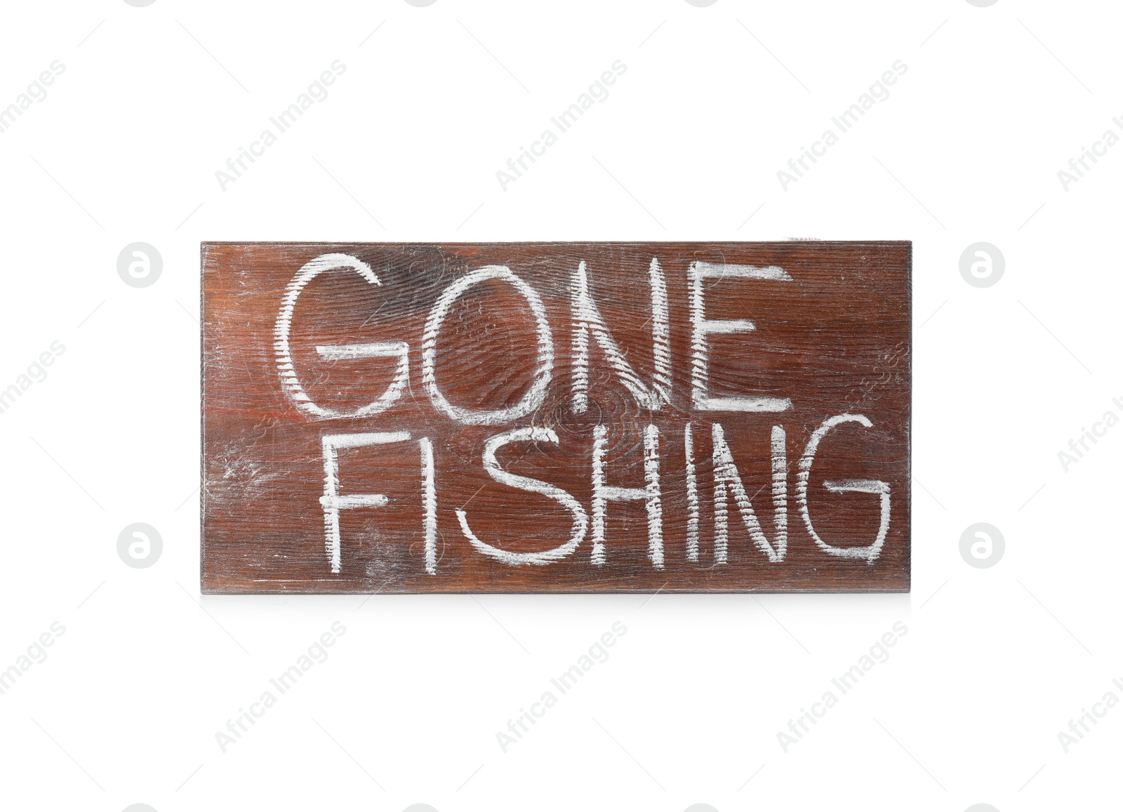 Photo of Wooden plank with words "GONE FISHING" on white background