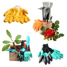 Set with different gardening tools and bright gloves on white background