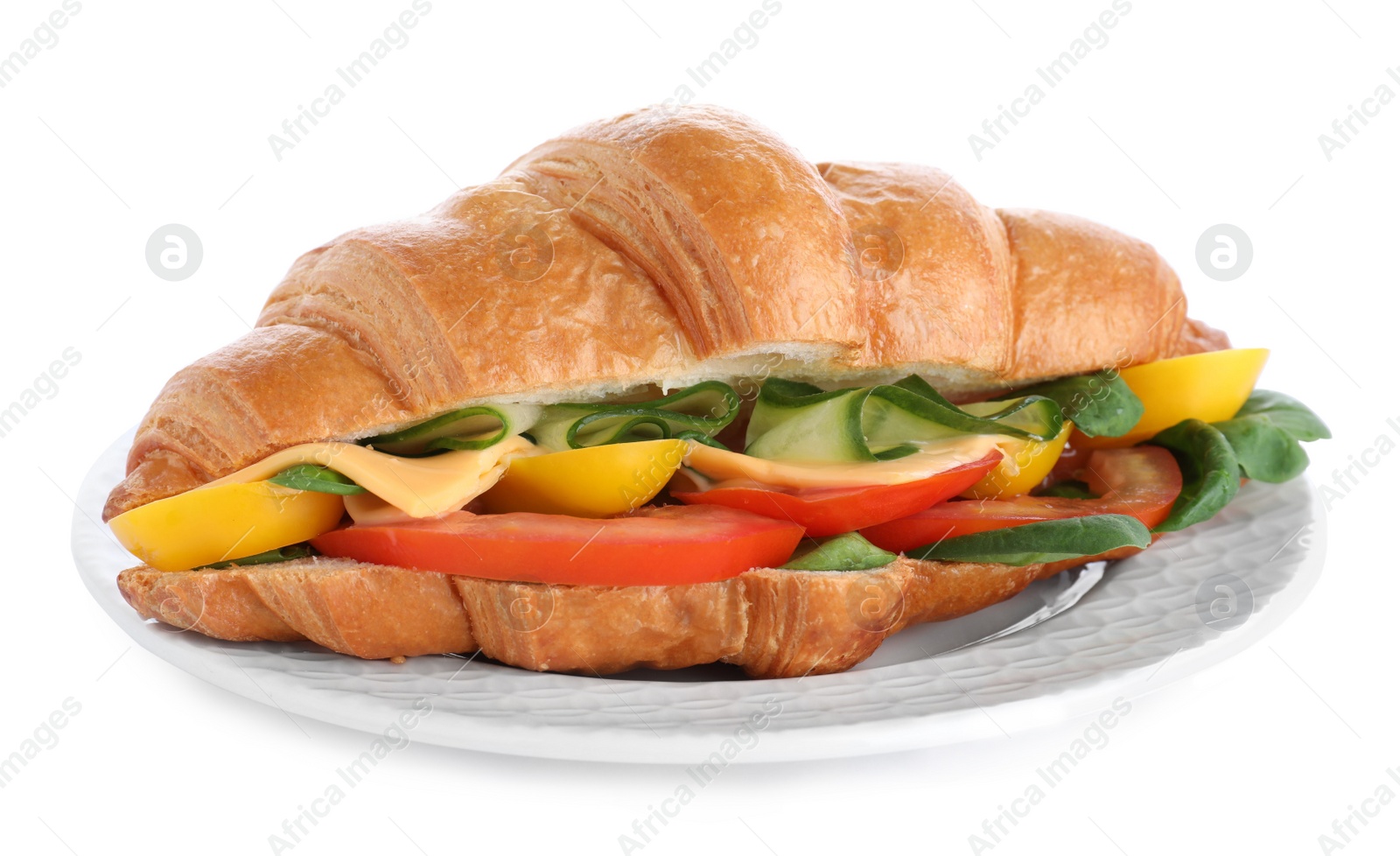 Photo of Plate with tasty vegetarian croissant sandwich isolated on white