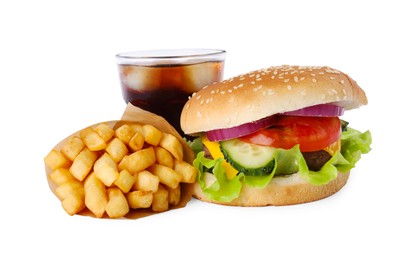 Photo of Delicious burger, soda drink and french fries on white background