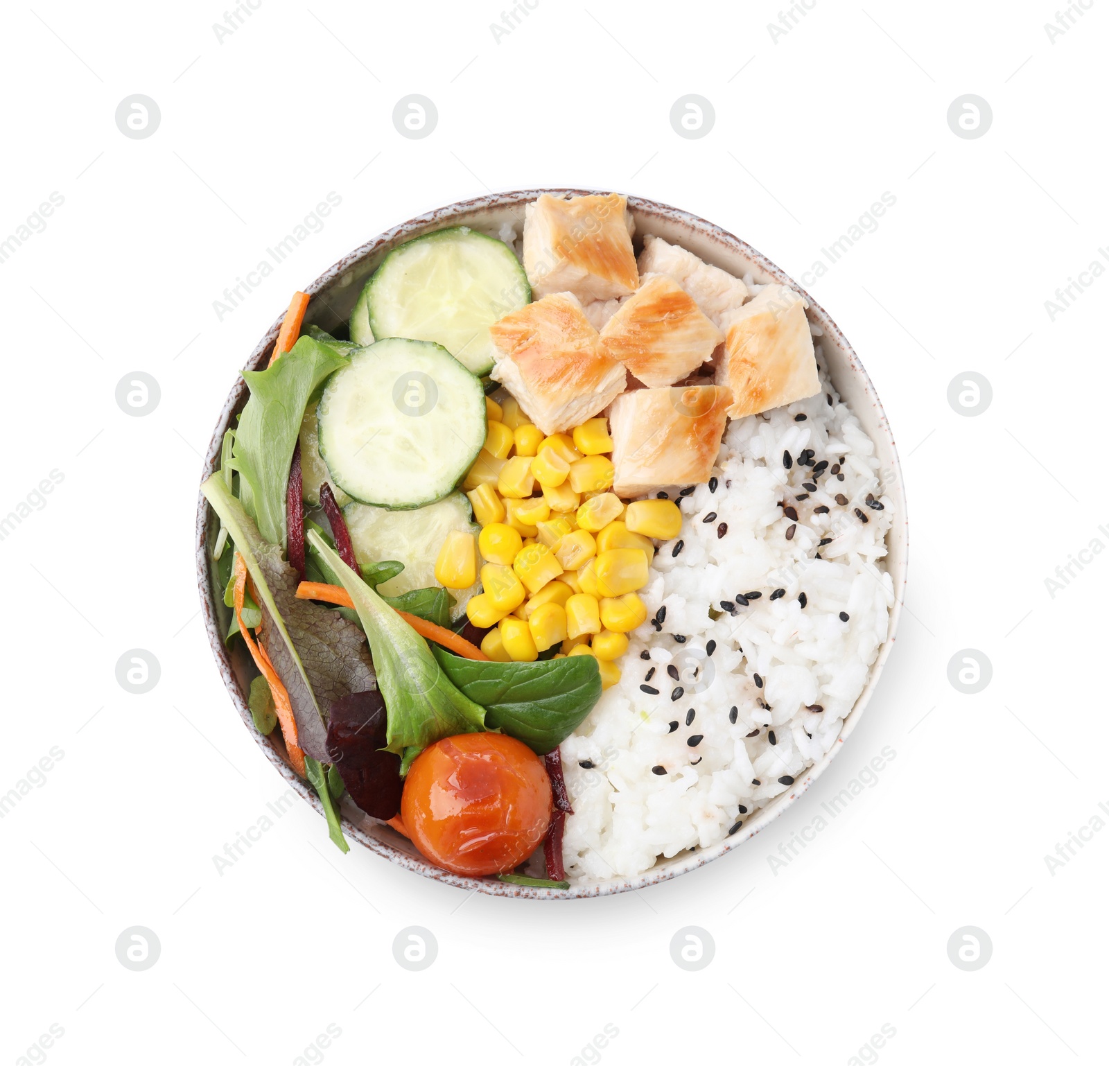 Photo of Delicious poke bowl with meat, rice, vegetables and greens isolated on white, top view