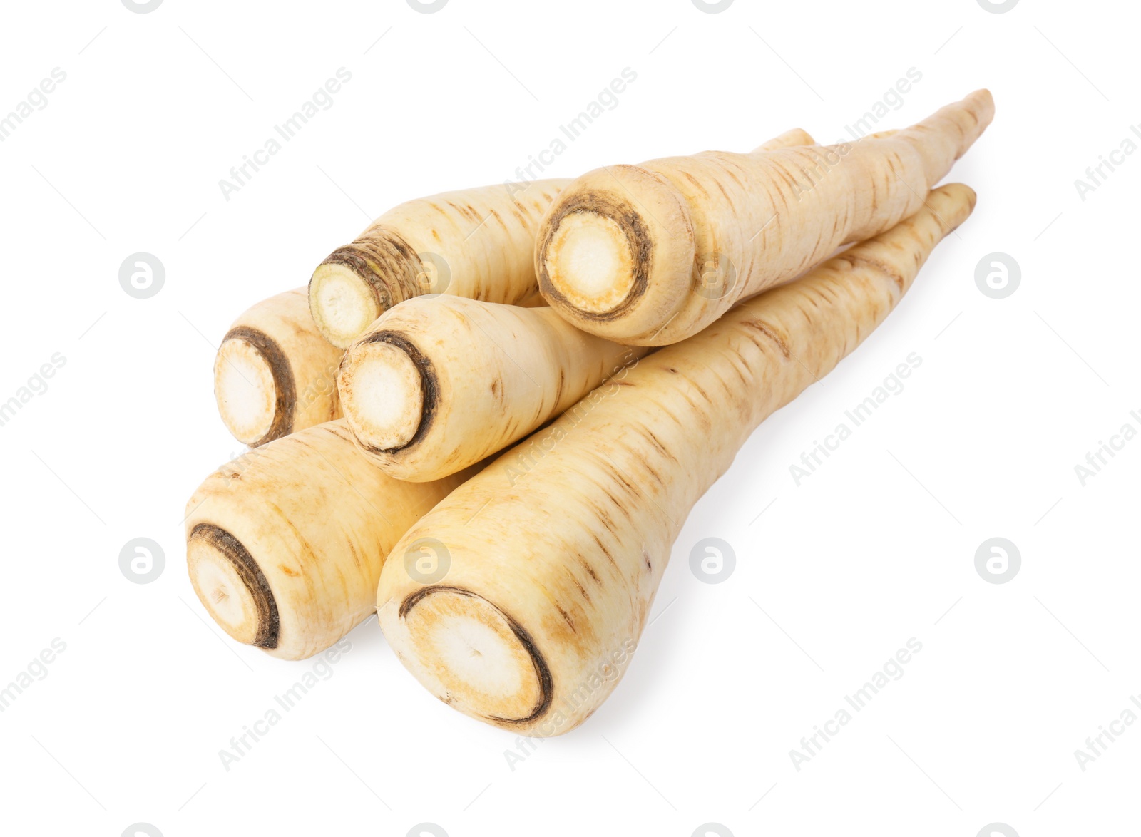 Photo of Tasty fresh ripe parsnips on white background