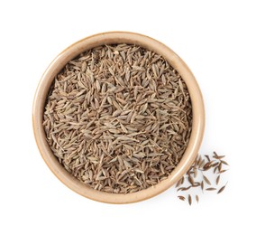 Photo of Bowl of aromatic caraway (Persian cumin) seeds isolated on white, top view
