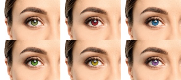 Collage with photos of woman wearing different color contact lenses, closeup. Banner design