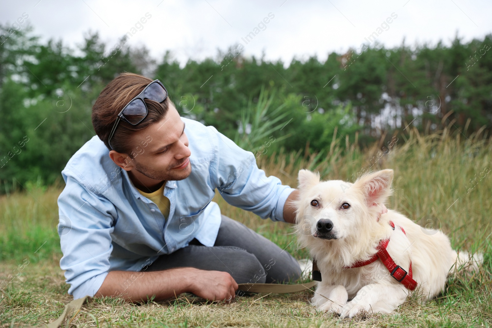 Photo of Male volunteer with homeless dog at animal shelter outdoors