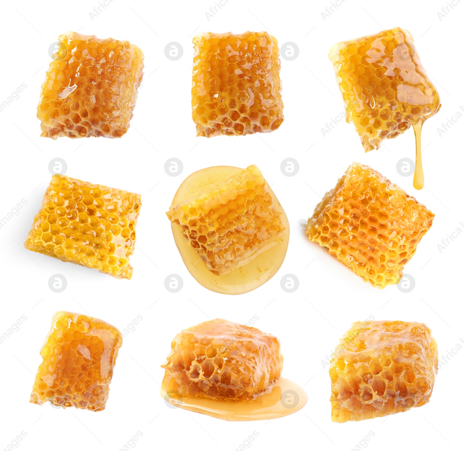 Image of Set with fresh delicious honeycombs on white background