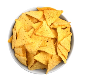 Photo of Bowl with tasty Mexican nachos chips on white background, top view