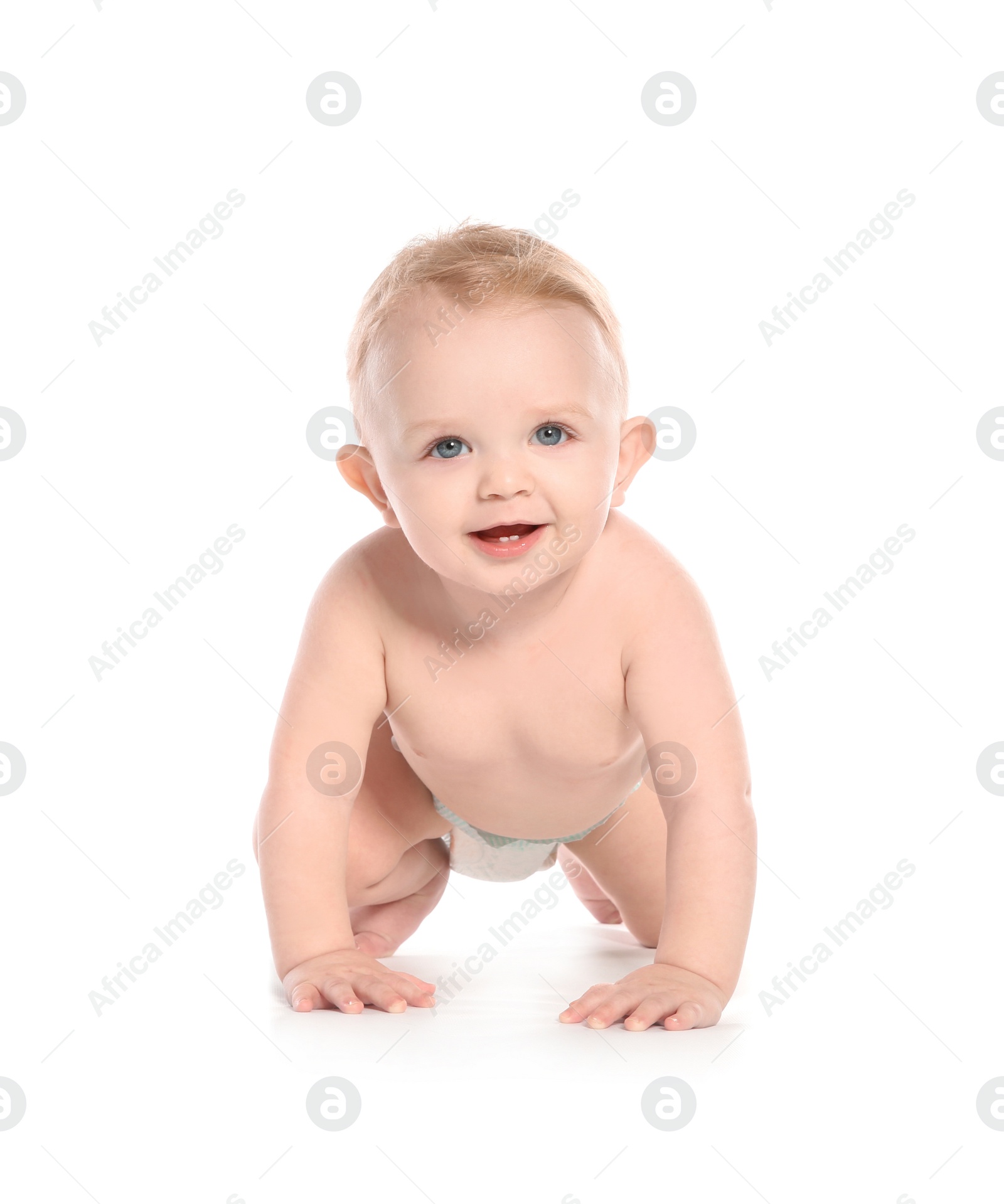 Photo of Cute little baby crawling on white background