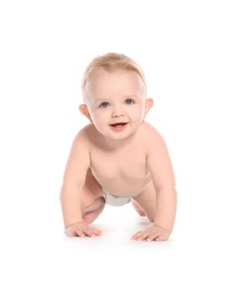 Photo of Cute little baby crawling on white background