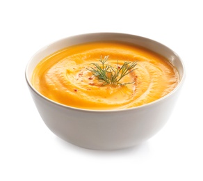 Photo of Delicious pumpkin cream soup in bowl on white background