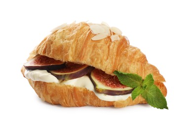 Photo of Delicious croissant with fig and cream cheese isolated on white
