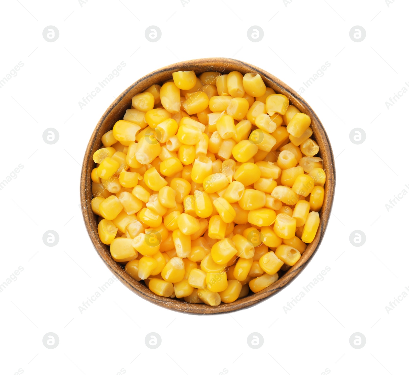 Photo of Bowl with corn kernels on white background, top view