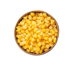 Photo of Bowl with corn kernels on white background, top view