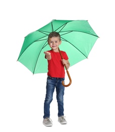 Photo of Little boy with green umbrella on white background