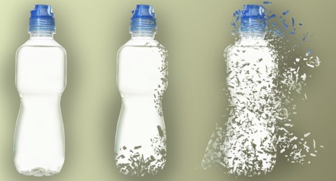Image of Set with bottles of water vanishing on color background. Decomposition of plastic pollution, banner design