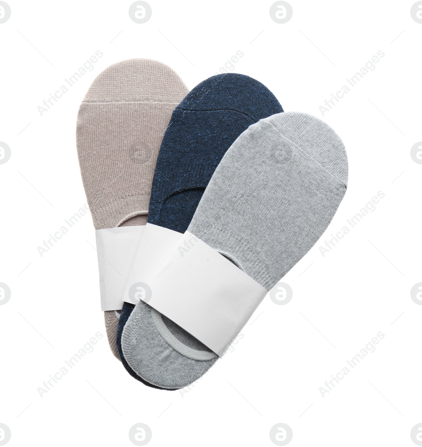 Photo of Set of new socks on white background