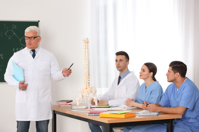 Medical students and professor studying human spine structure in classroom
