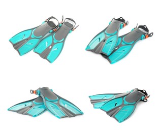 Image of Set with turquoise flippers on white background