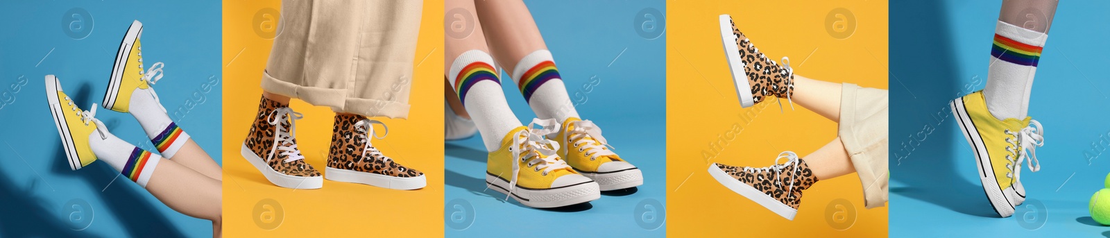 Image of Photos of women in stylish sneakers on different color backgrounds, collage design