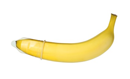 Photo of Banana with condom isolated on white. Safe sex concept