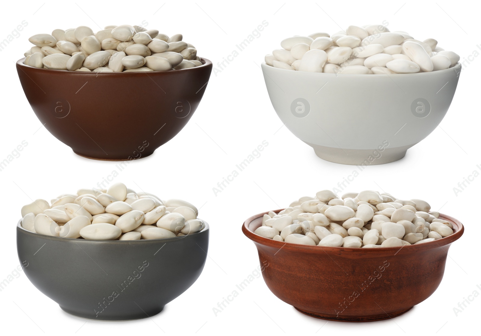 Image of Set with uncooked beans on white background