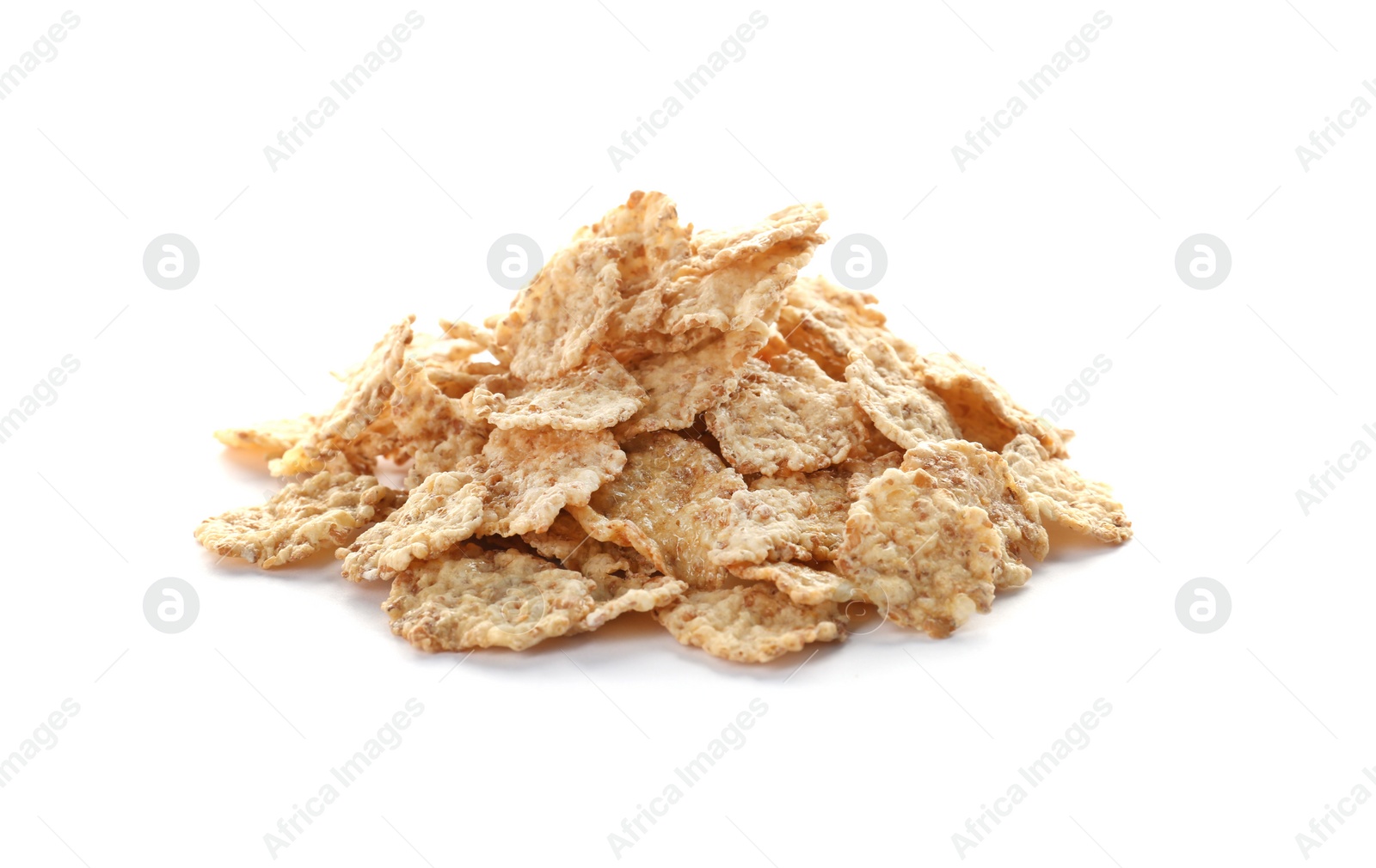 Photo of Wheat flakes on white background. Healthy grains and cereals