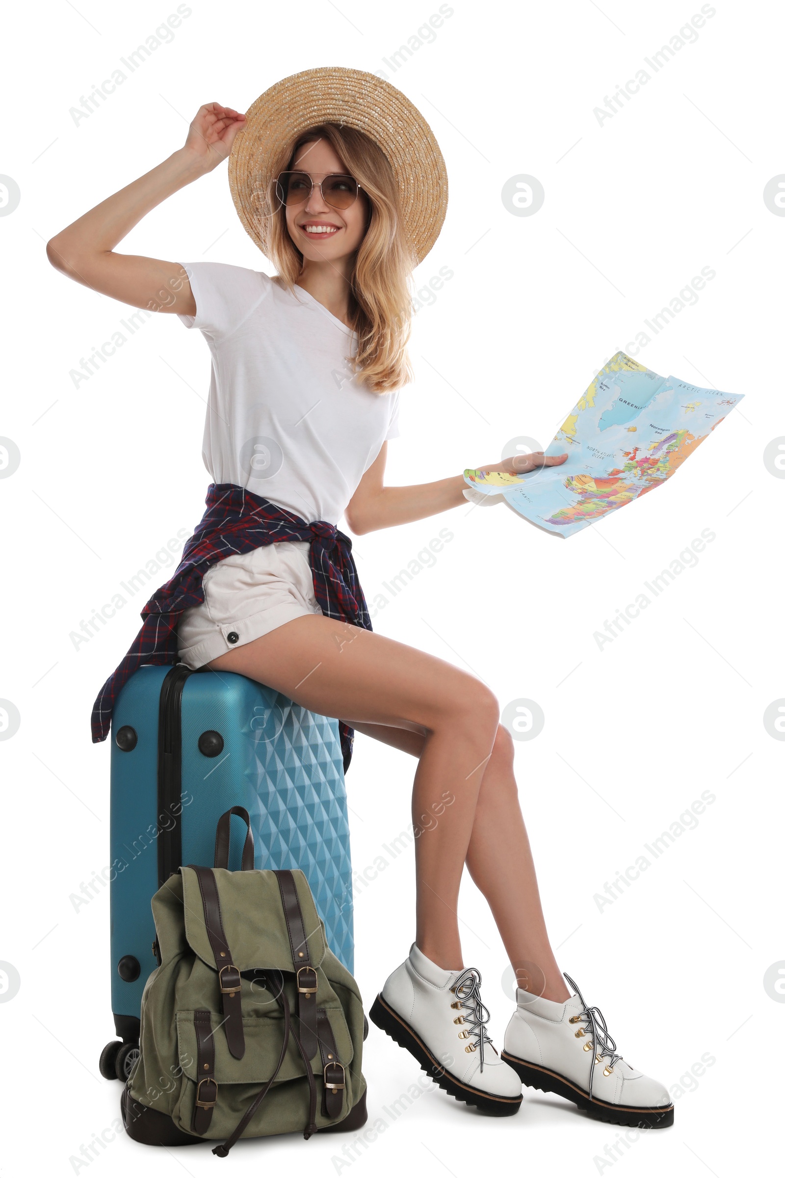 Photo of Woman with map and suitcase on white background. Summer travel