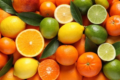 Different citrus fruits with leaves as background, top view