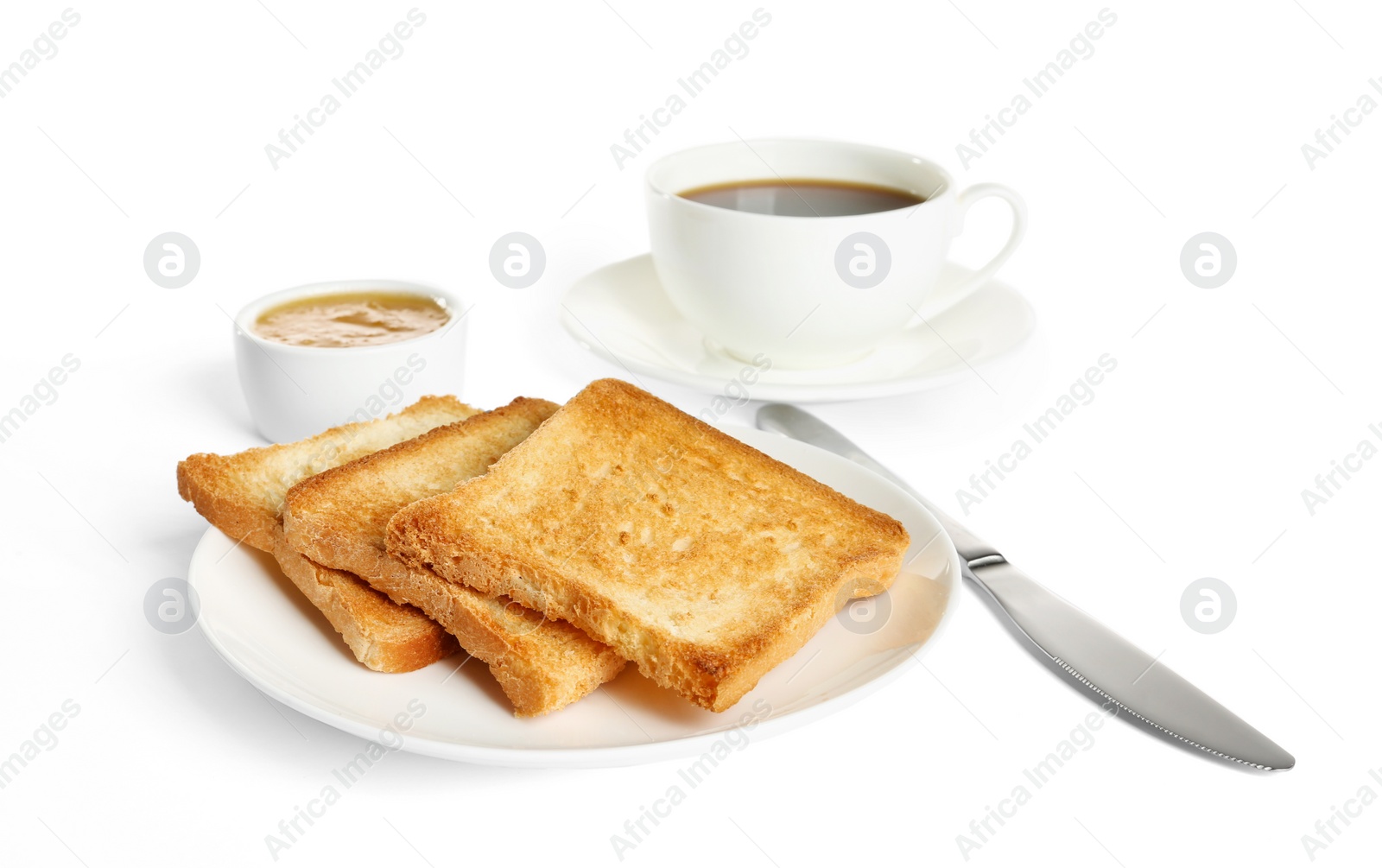Photo of Tasty healthy breakfast with toasts on white background