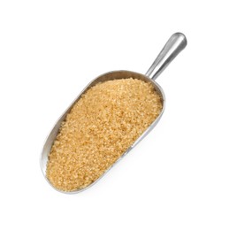 Photo of Brown sugar in metal scoop isolated on white