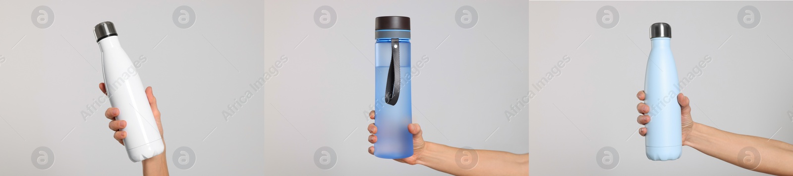 Image of Collage with photos of women holding thermo bottles of drink on light background, closeup. Banner design