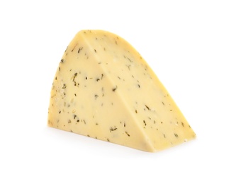 Photo of Piece of delicious cheese with herbs on white background