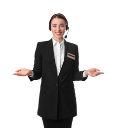 Photo of Portrait of receptionist with headset on white background