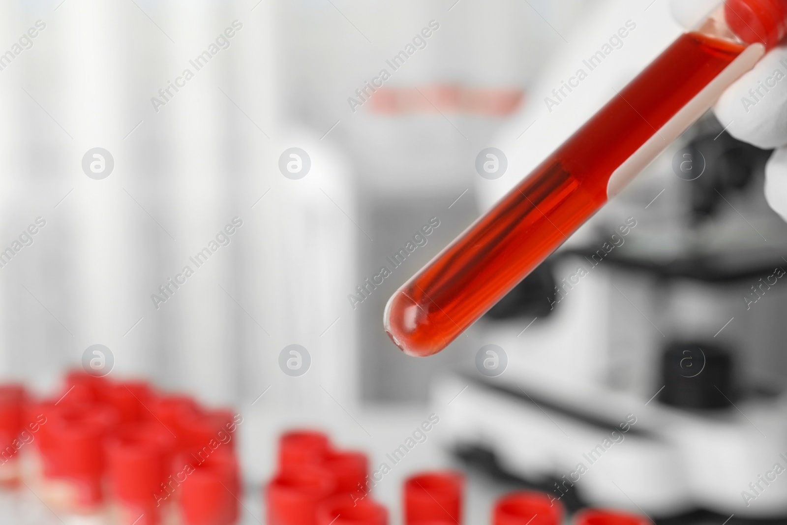 Photo of Scientist holding test tube with blood sample in laboratory, closeup. Virus research