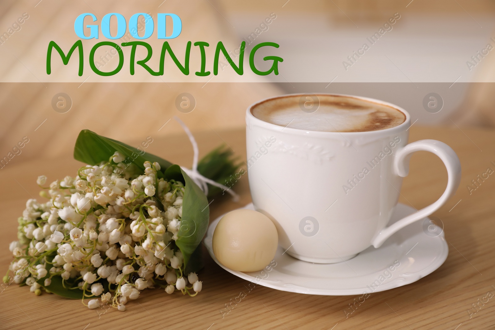 Image of Good Morning! Cup of aromatic coffee and flowers on wooden table in cafe