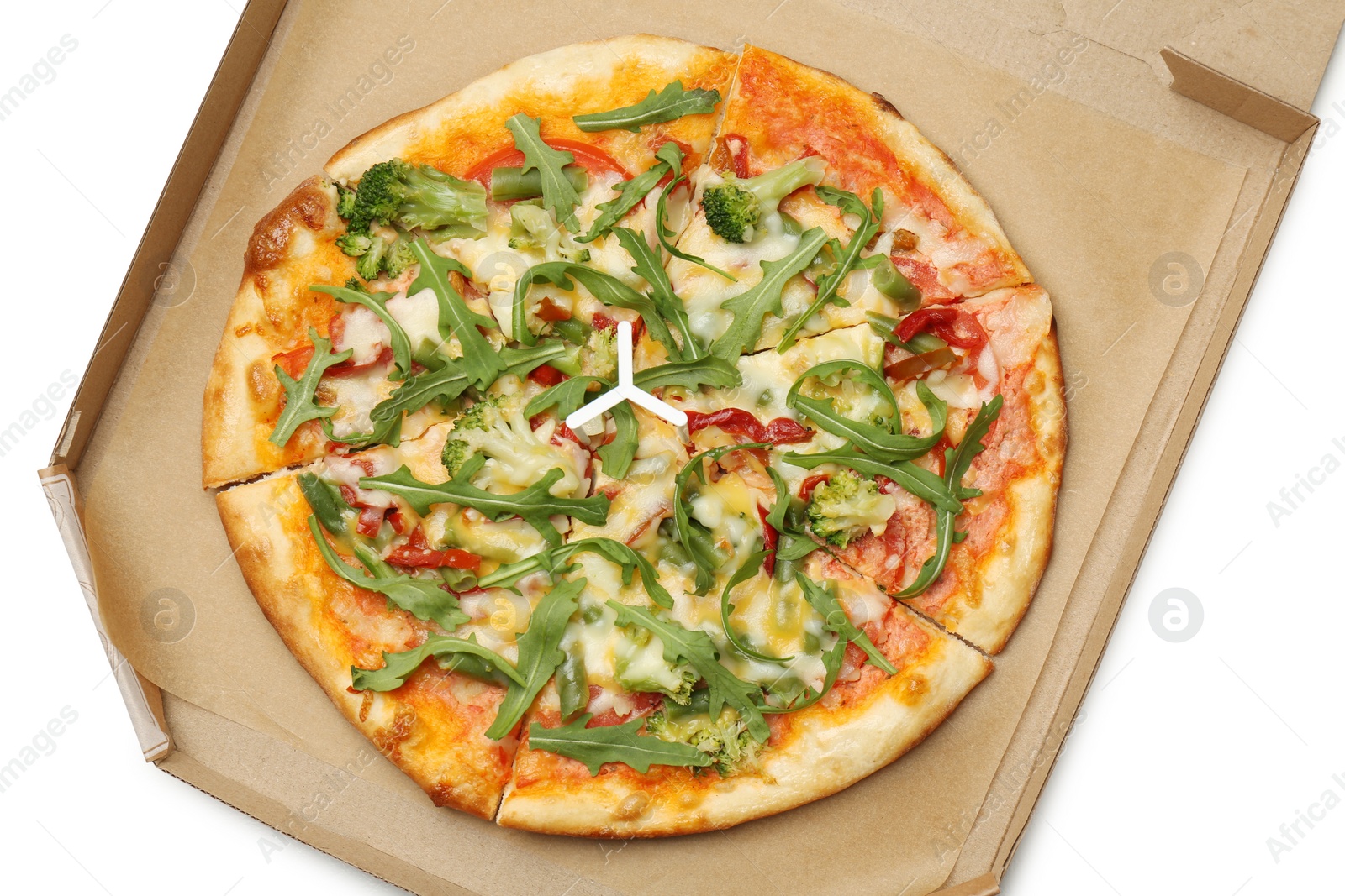 Photo of Delicious vegetarian pizza in cardboard box isolated on white, top view