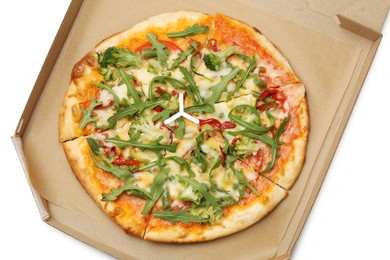 Photo of Delicious vegetarian pizza in cardboard box isolated on white, top view