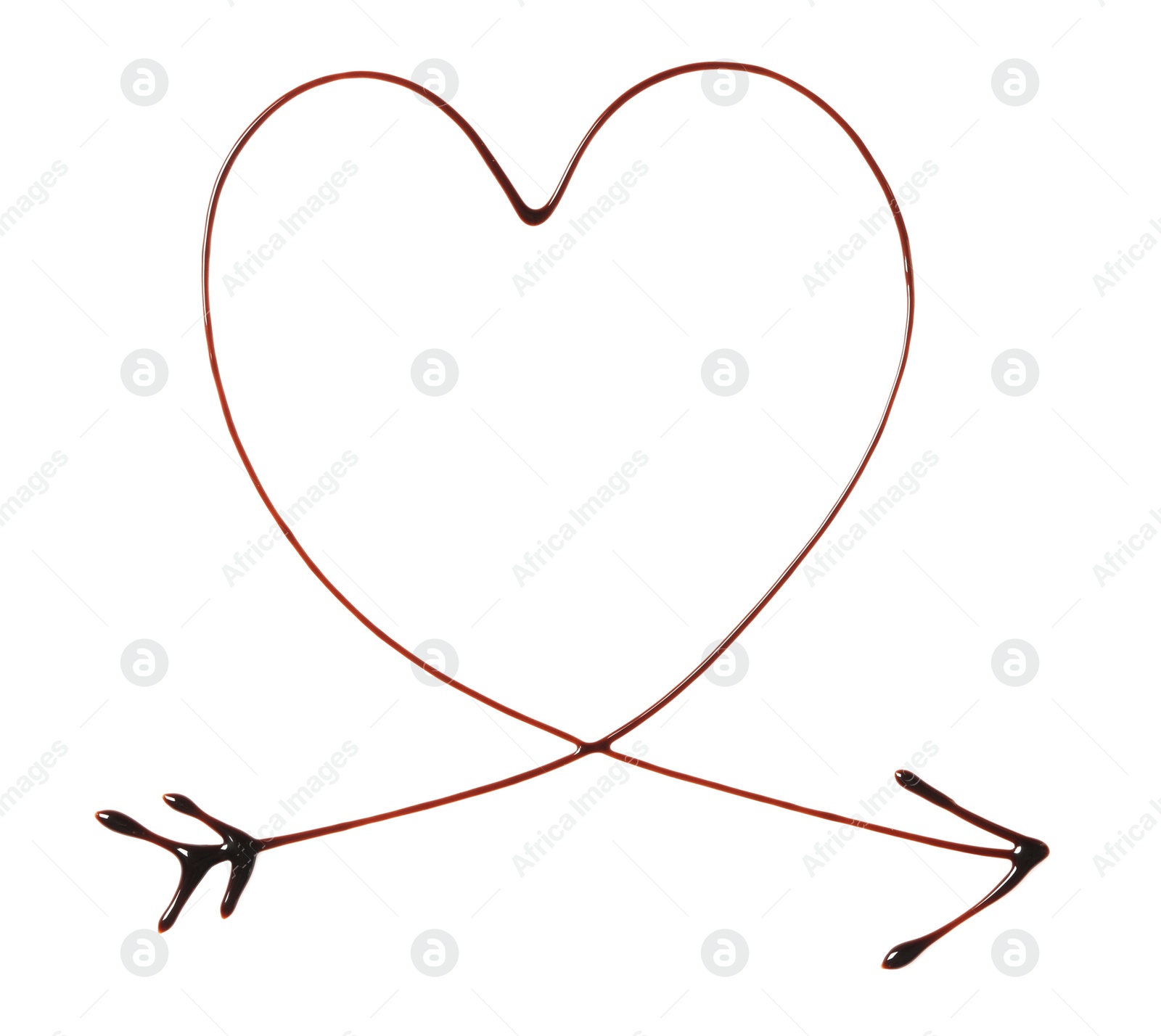 Photo of Heart and arrow drawn with dark chocolate on white background, top view