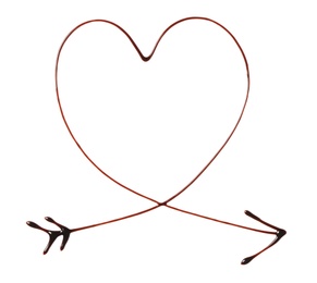 Photo of Heart and arrow drawn with dark chocolate on white background, top view
