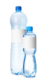 Image of Bottles of pure water with blank labels on white background