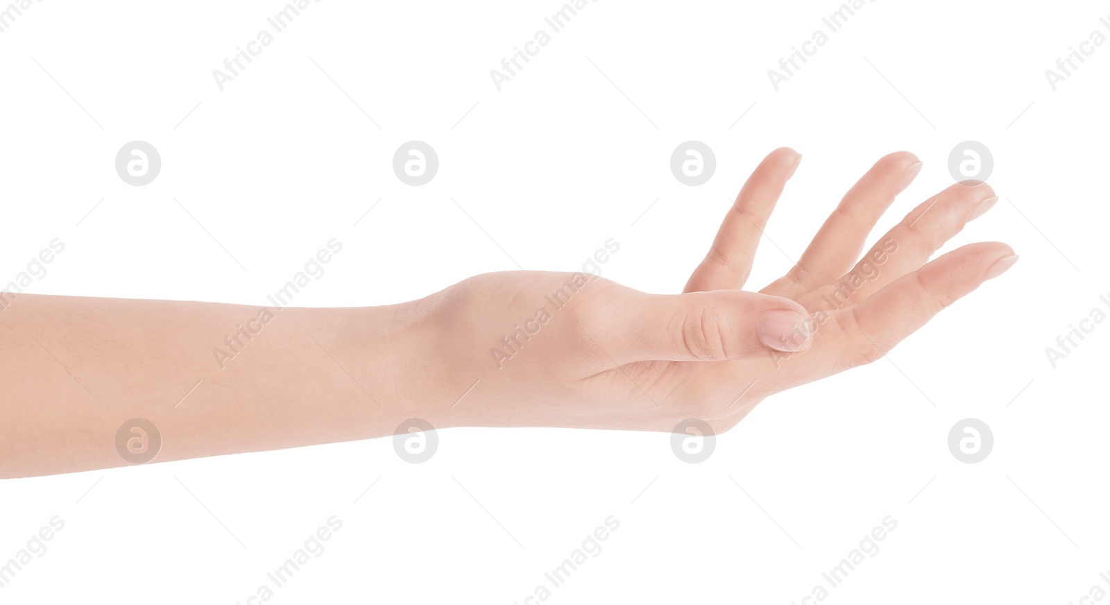 Photo of Woman holding hand on white background, closeup