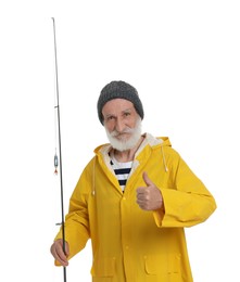 Photo of Fisherman with fishing rod showing thumb up isolated on white