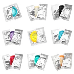 Image of Set with condoms in torn packages on white background, top view 