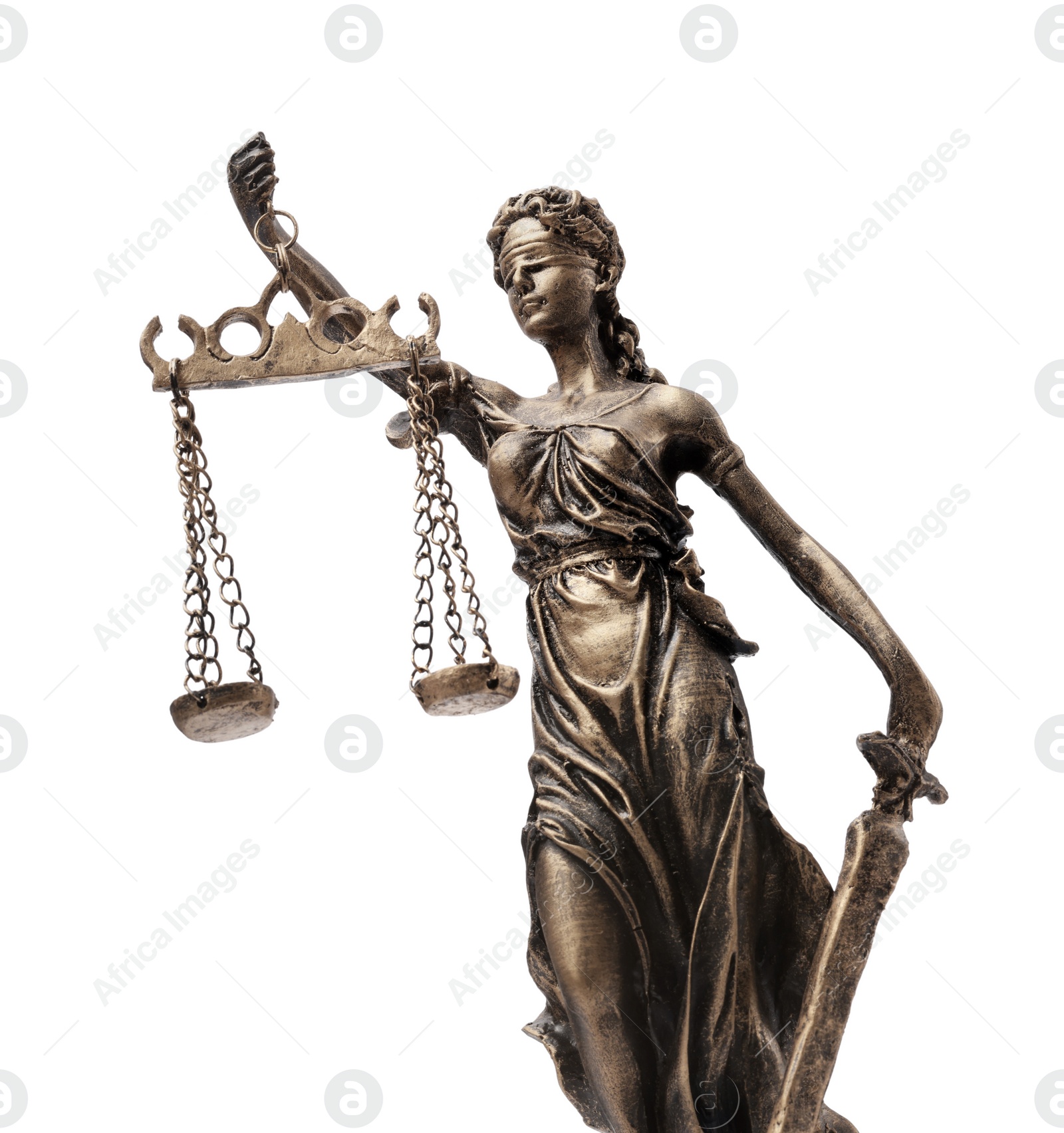 Photo of Statue of Lady Justice isolated on white, low angle view. Symbol of fair treatment under law