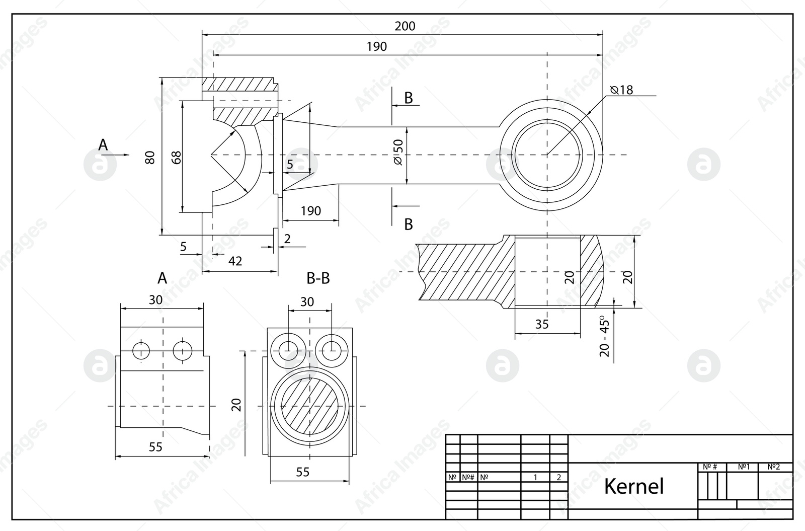 Illustration of Mechanical engineering drawing as background. Technical plan of engine connecting rod