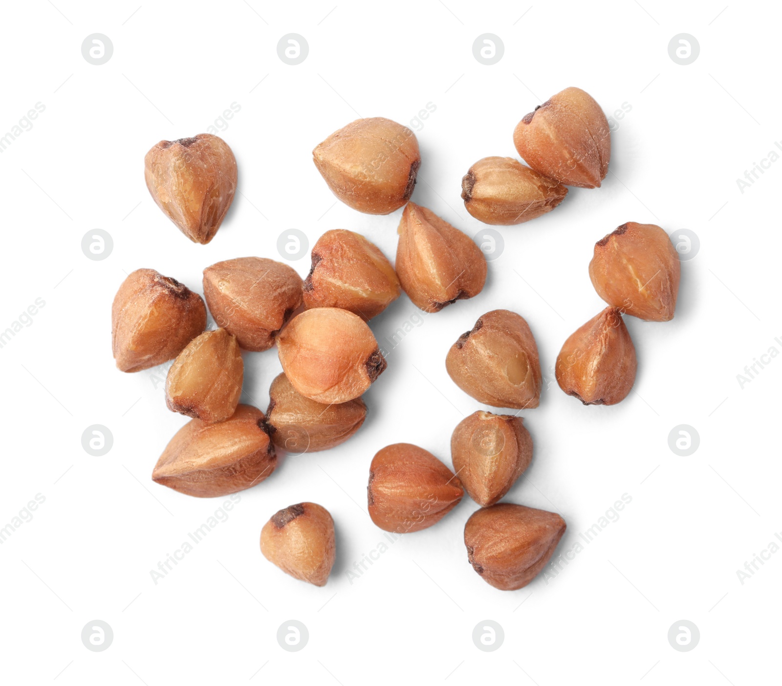 Photo of Buckwheat grains isolated on white, top view. Organic cereal