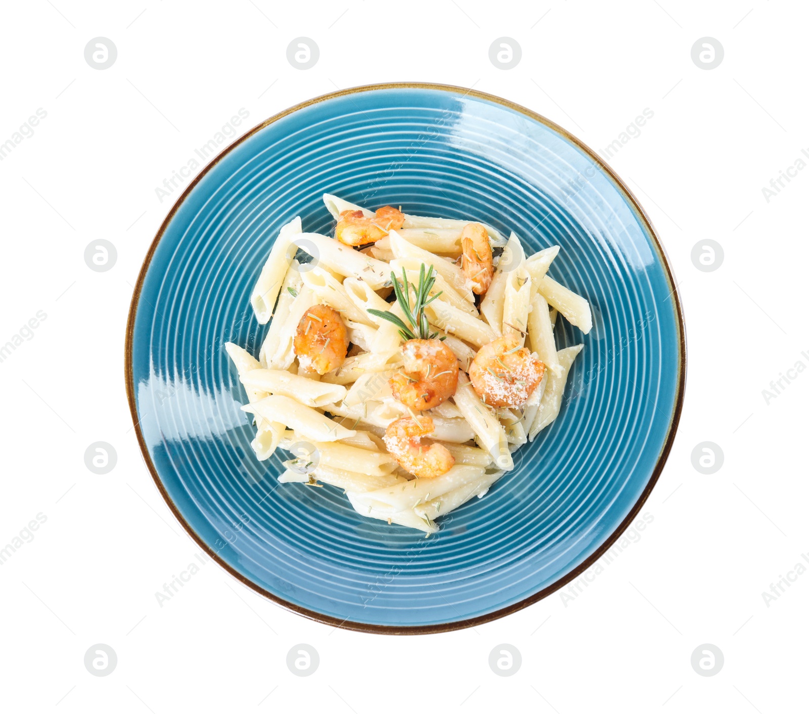 Photo of Delicious pasta with shrimps isolated on white, top view