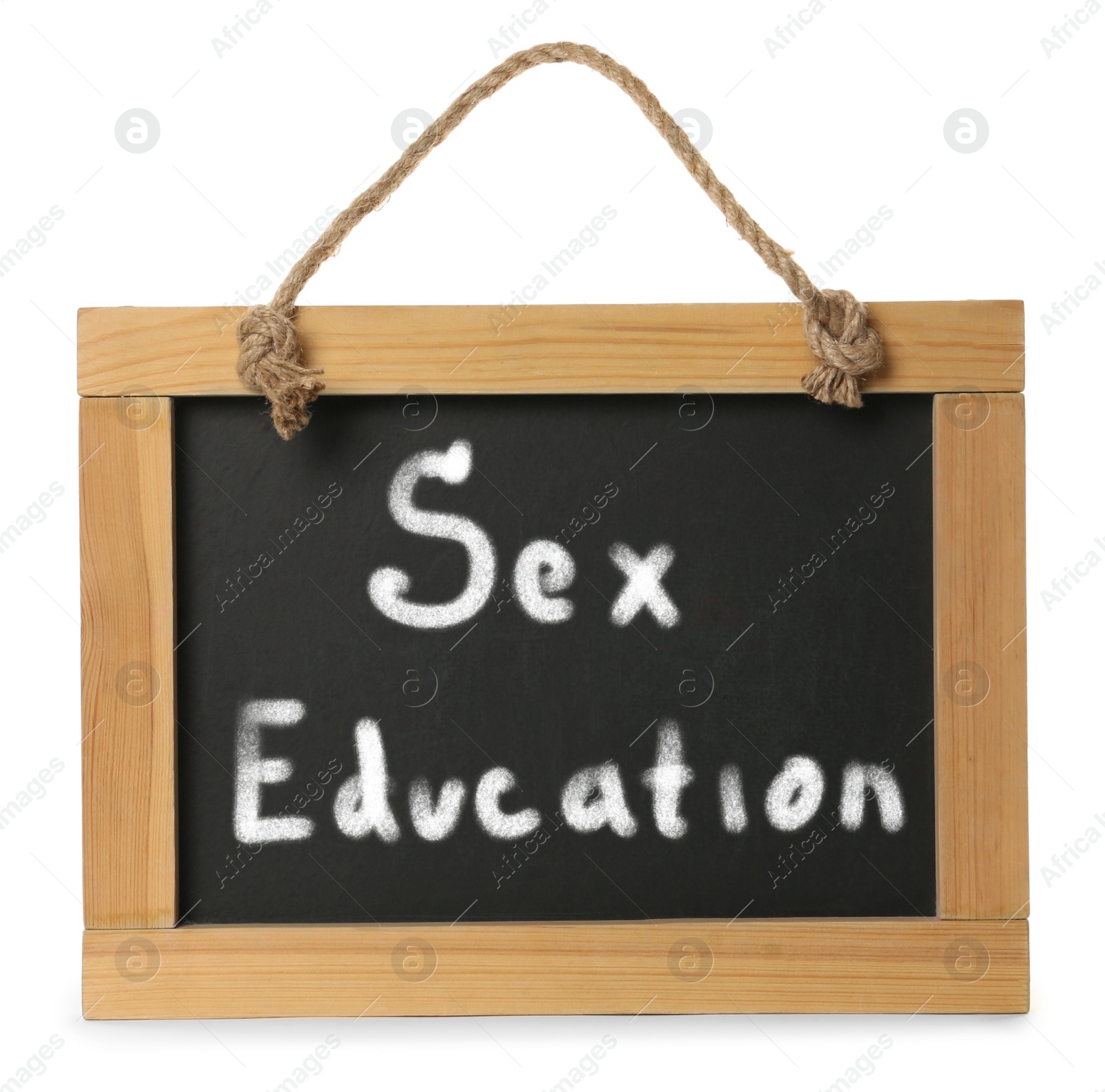 Image of Small black chalkboard with words Sex Education on white background